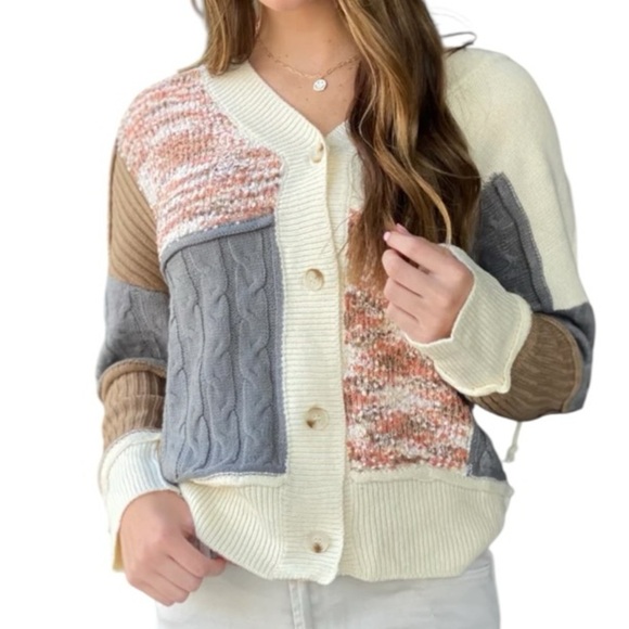 Chunky Mixed Media Long Sleeve Hooded Button Front Boho Sweater Cardigan Large - Picture 1 of 10